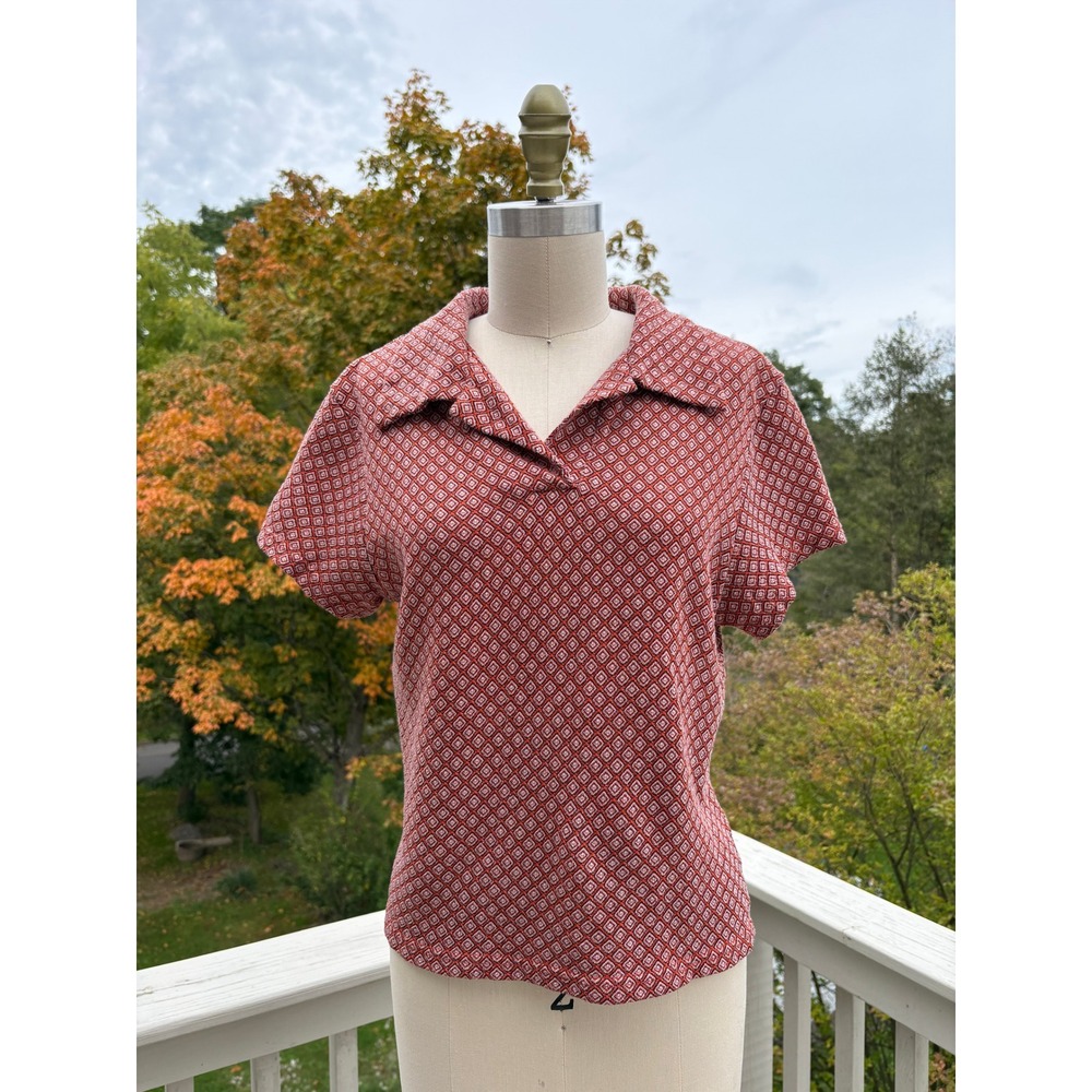 Vintage 90s Express Tricot Knit Polo Shirt Large Rust Orange Geometric Mod Prep